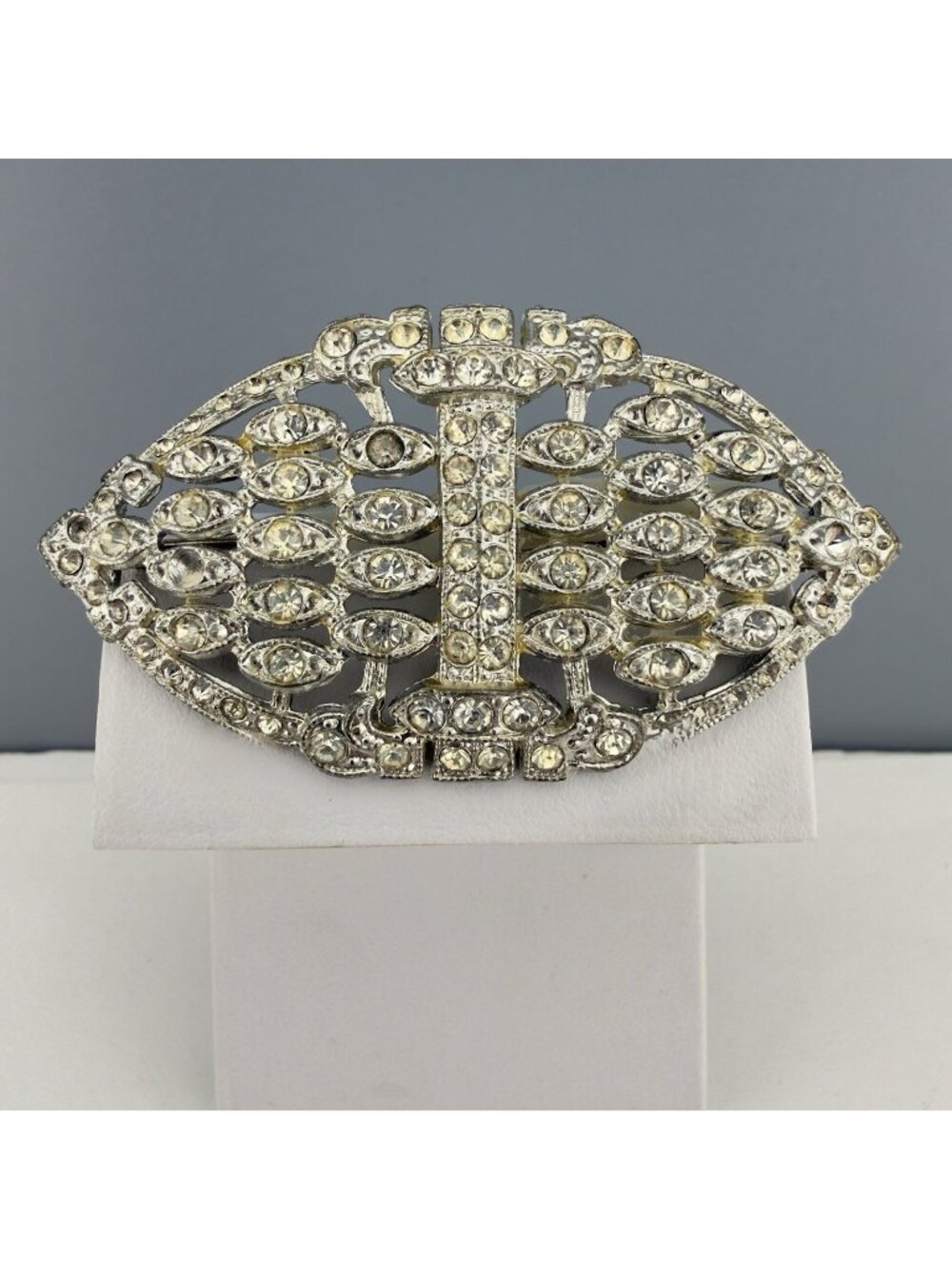 Vintage Rhinestone Art Deco Brooch Silver Tone Geometric Statement 2.5” READ